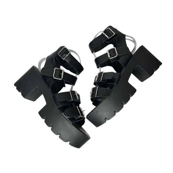 New faux leather Black Chunky Platform Sandals 6 Silver Buckles - Picture 1 of 8